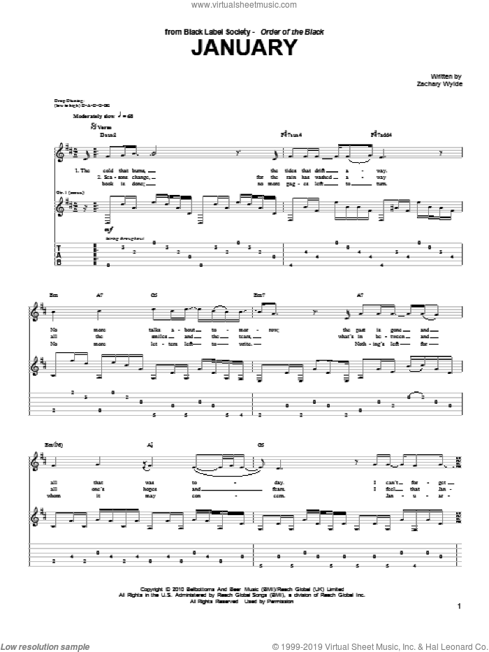 January sheet music for guitar (tablature) by Black Label Society and Zakk Wylde, intermediate skill level