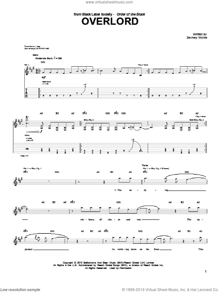 Overlord sheet music for guitar (tablature) by Black Label Society and Zakk Wylde, intermediate skill level