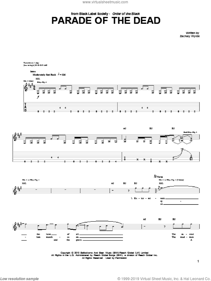 Parade Of The Dead sheet music for guitar (tablature) by Black Label Society and Zakk Wylde, intermediate skill level