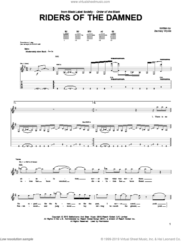 Riders Of The Damned sheet music for guitar (tablature) by Black Label Society and Zakk Wylde, intermediate skill level