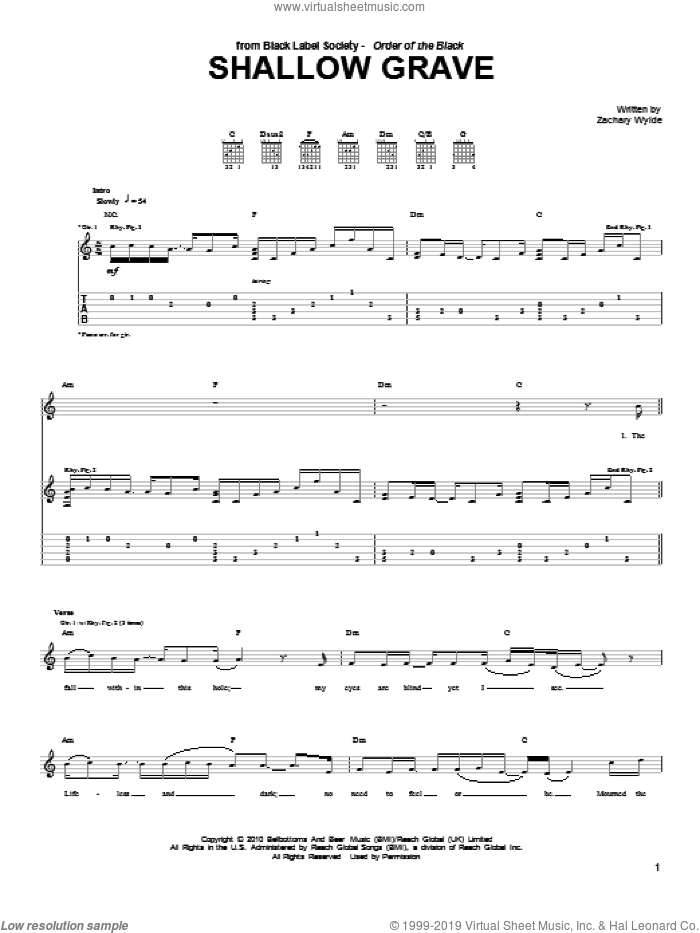 Shallow Grave sheet music for guitar (tablature) by Black Label Society and Zakk Wylde, intermediate skill level