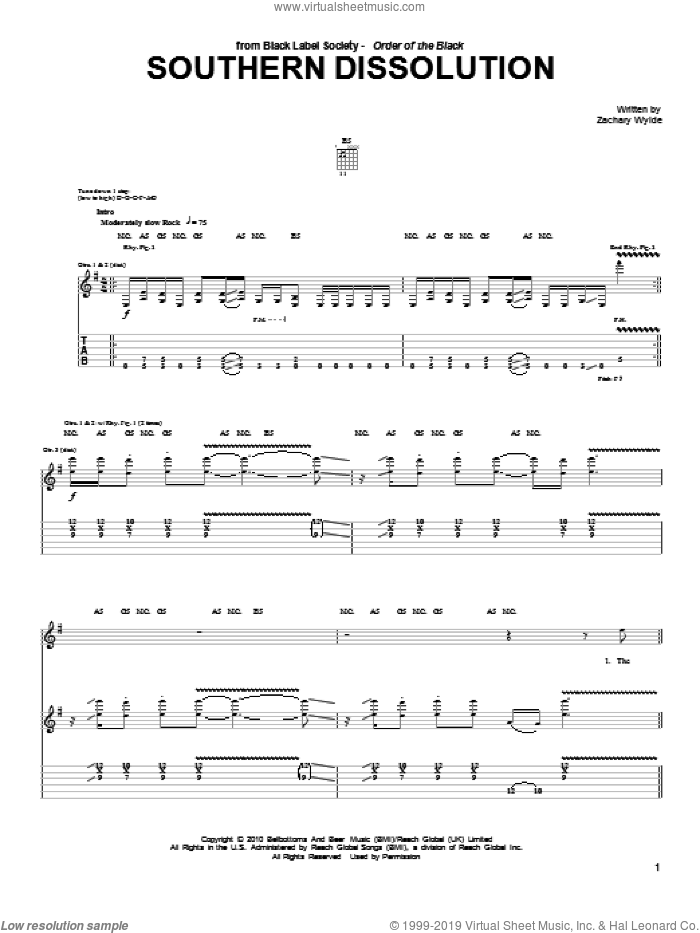 Southern Dissolution sheet music for guitar (tablature) by Black Label Society and Zakk Wylde, intermediate skill level