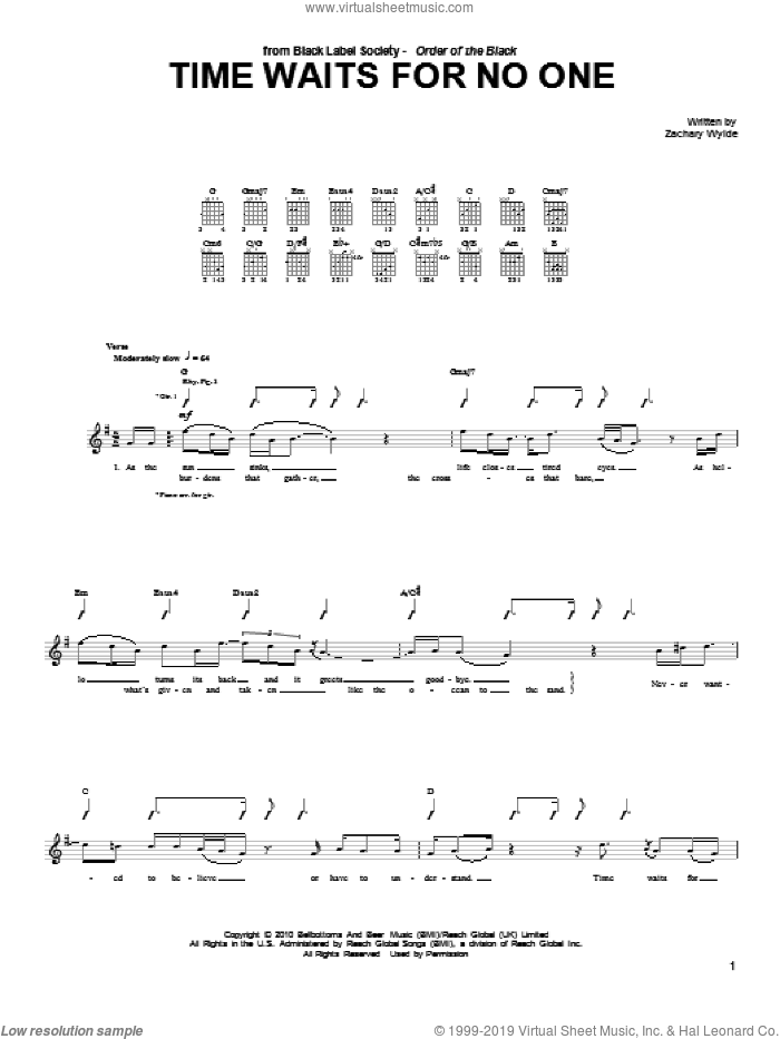 Time Waits For No One sheet music for guitar (tablature) by Black Label Society and Zakk Wylde, intermediate skill level