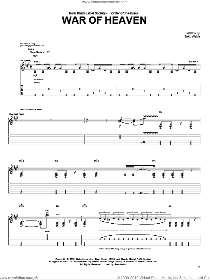War Of Heaven sheet music for guitar (tablature) by Black Label Society and Zakk Wylde, intermediate skill level