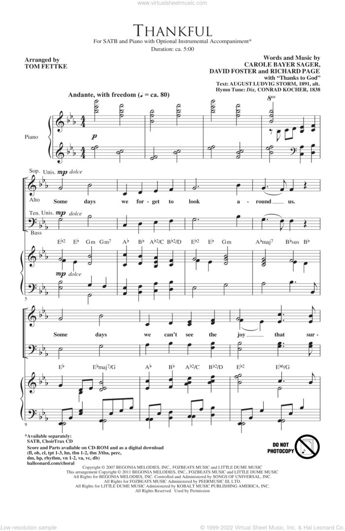 Thankful sheet music for choir (SATB: soprano, alto, tenor, bass) by David Foster, Carole Bayer Sager, Richard Page, Josh Groban and Tom Fettke, intermediate skill level
