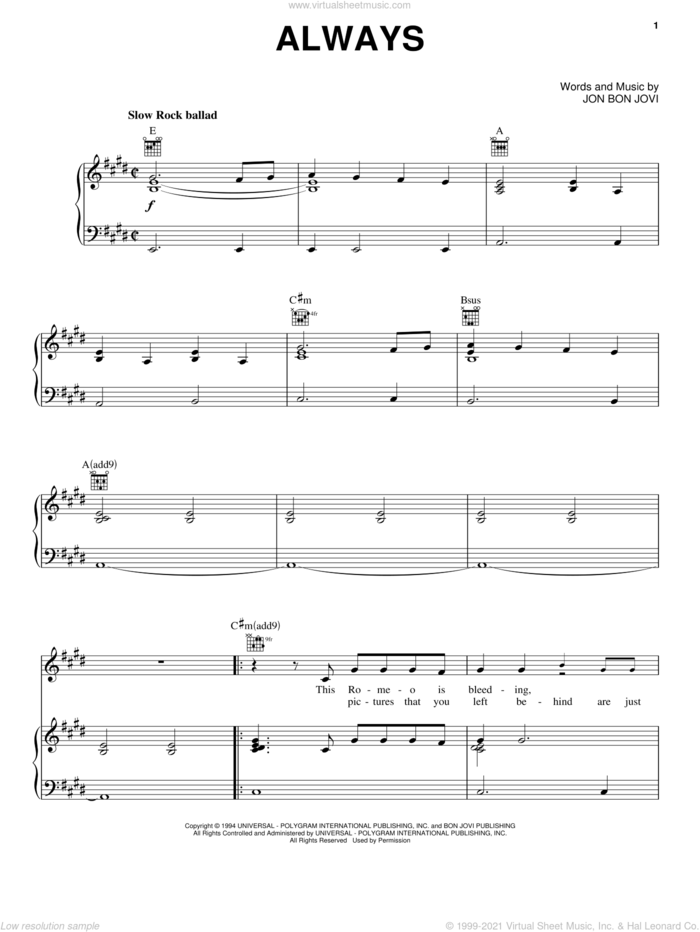 Always sheet music for voice, piano or guitar by Bon Jovi, intermediate skill level