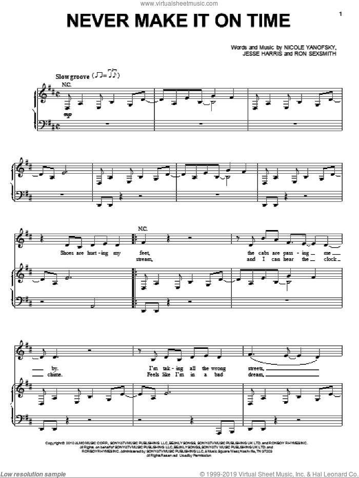 Never Make It On Time sheet music for voice and piano by Nikki Yanofsky, Jesse Harris, Nicole Yanofsky and Ron Sexsmith, intermediate skill level