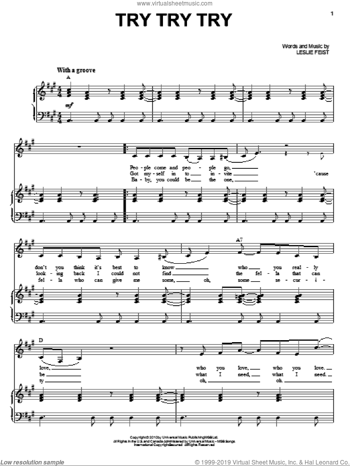 Try Try Try sheet music for voice and piano by Nikki Yanofsky and Leslie Feist, intermediate skill level