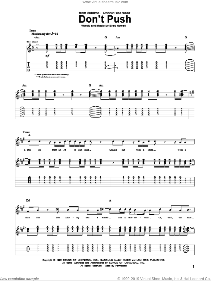 Don't Push sheet music for guitar (tablature) by Sublime and Brad Nowell, intermediate skill level