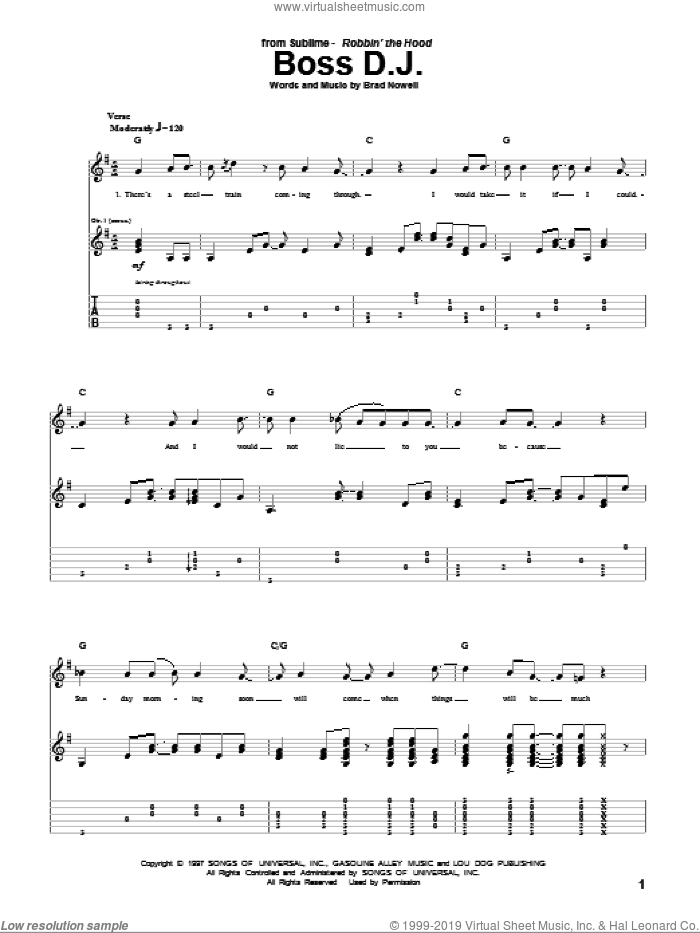 Boss D.J. sheet music for guitar (tablature) by Sublime and Brad Nowell, intermediate skill level