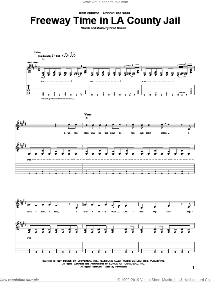 Freeway Time In LA County Jail sheet music for guitar (tablature) by Sublime and Brad Nowell, intermediate skill level