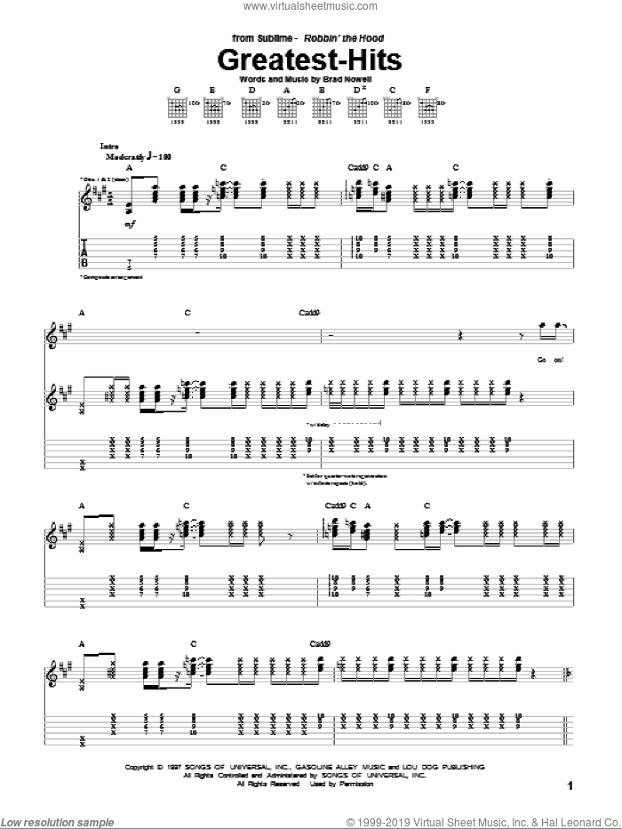 Greatest-Hits sheet music for guitar (tablature) by Sublime and Brad Nowell, intermediate skill level