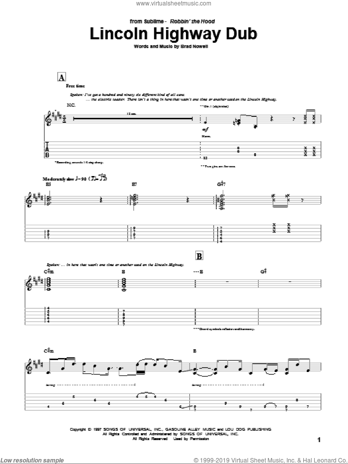Lincoln Highway Dub sheet music for guitar (tablature) by Sublime and Brad Nowell, intermediate skill level