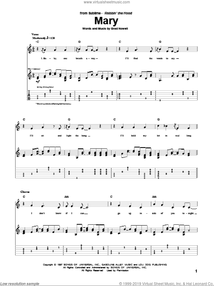 Mary sheet music for guitar (tablature) by Sublime and Brad Nowell, intermediate skill level