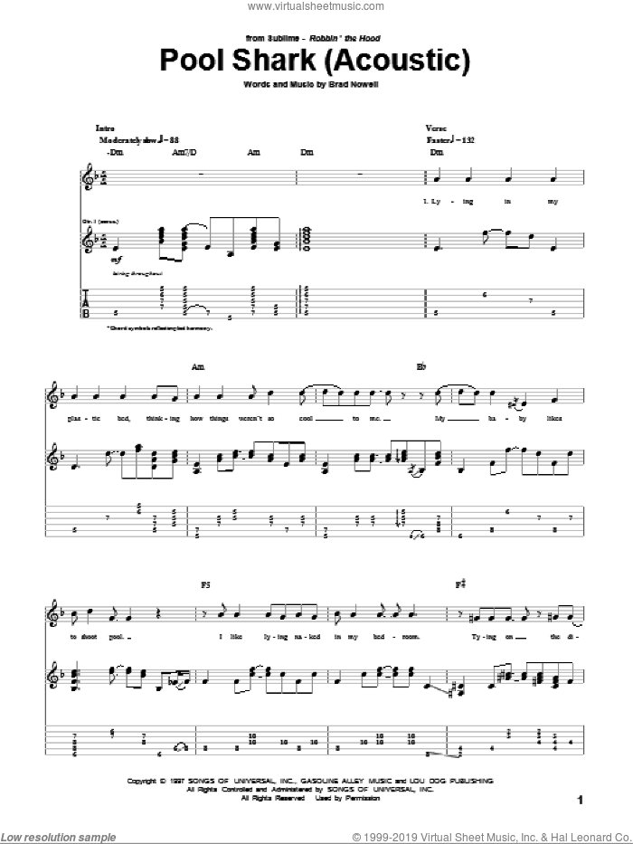 Pool Shark (Acoustic) sheet music for guitar (tablature) by Sublime and Brad Nowell, intermediate skill level