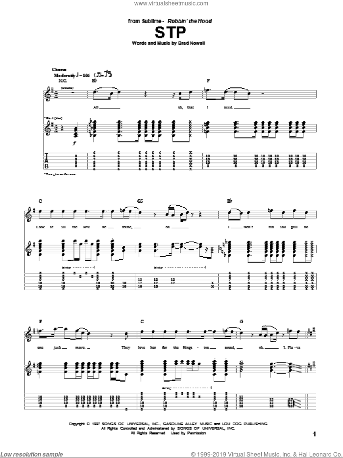 STP sheet music for guitar (tablature) by Sublime and Brad Nowell, intermediate skill level