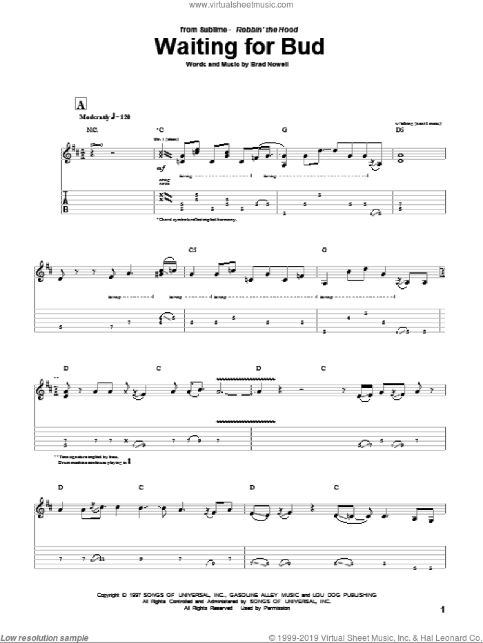 Waiting For Bud sheet music for guitar (tablature) by Sublime and Brad Nowell, intermediate skill level