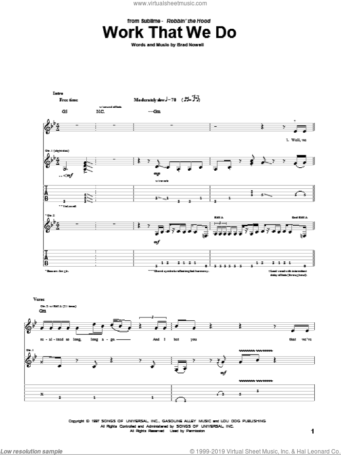 Work That We Do sheet music for guitar (tablature) by Sublime and Brad Nowell, intermediate skill level