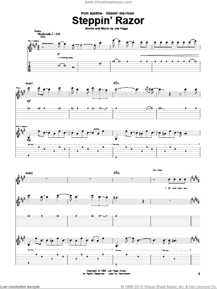 Steppin' Razor sheet music for guitar (tablature) by Sublime, Peter Tosh and Joe Higgs, intermediate skill level