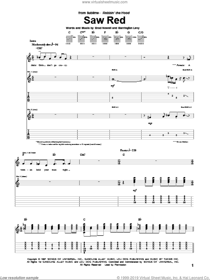 Saw Red sheet music for guitar (tablature) by Sublime, Barrington Levy and Brad Nowell, intermediate skill level