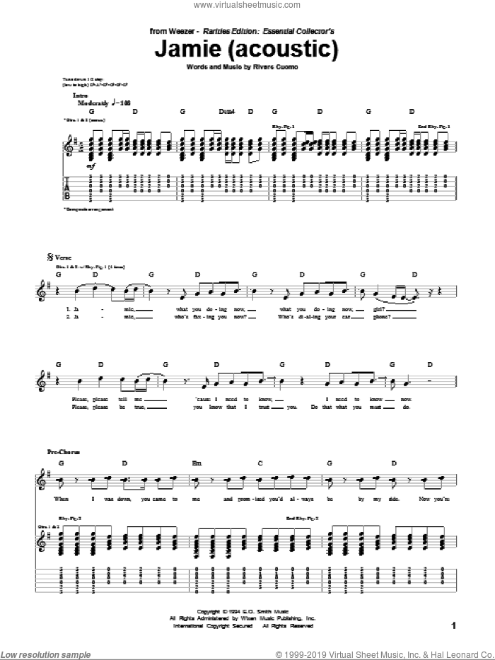 Jamie (Acoustic Version) sheet music for guitar (tablature) by Weezer and Rivers Cuomo, intermediate skill level
