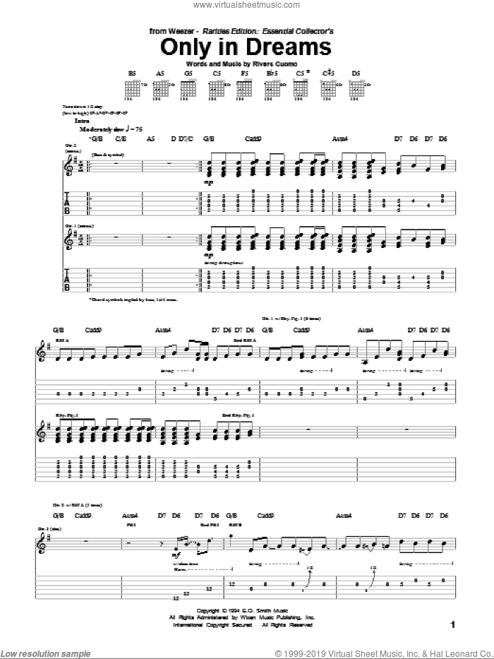 Only In Dreams sheet music for guitar (tablature) by Weezer and Rivers Cuomo, intermediate skill level