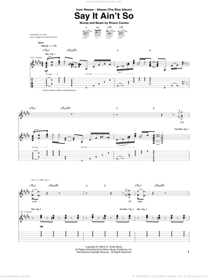 Say It Ain't So sheet music for guitar (tablature) by Weezer and Rivers Cuomo, intermediate skill level