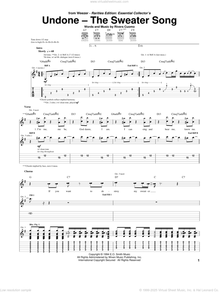 Undone - The Sweater Song sheet music for guitar (tablature) by Weezer and Rivers Cuomo, intermediate skill level