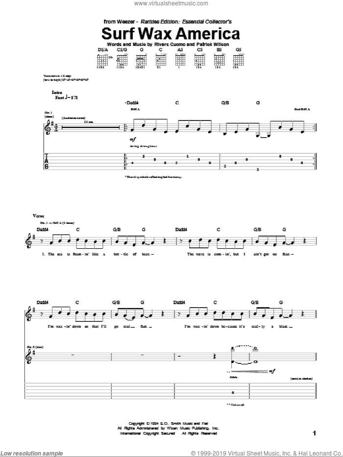 Surf Wax America sheet music for guitar (tablature) by Weezer, Patrick Wilson and Rivers Cuomo, intermediate skill level