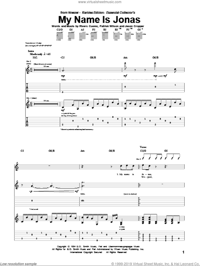 My Name Is Jonas sheet music for guitar (tablature) by Weezer, Jason Cropper, Patrick Wilson and Rivers Cuomo, intermediate skill level