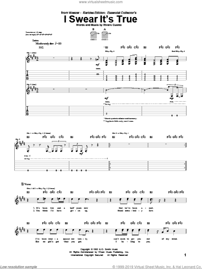I Swear It's True sheet music for guitar (tablature) by Weezer and Rivers Cuomo, intermediate skill level