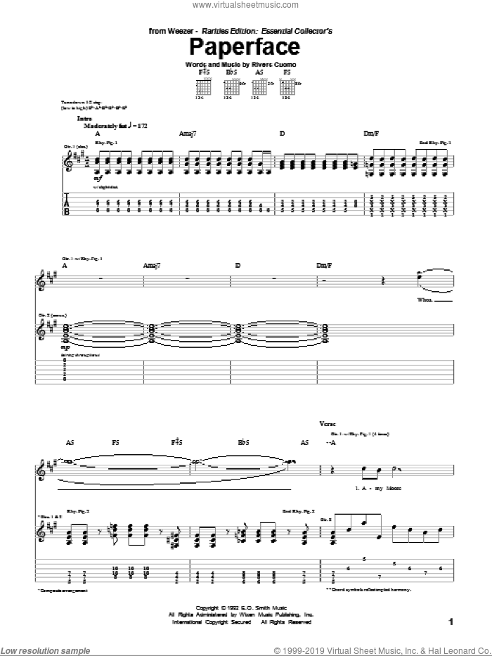 Paperface sheet music for guitar (tablature) by Weezer and Rivers Cuomo, intermediate skill level