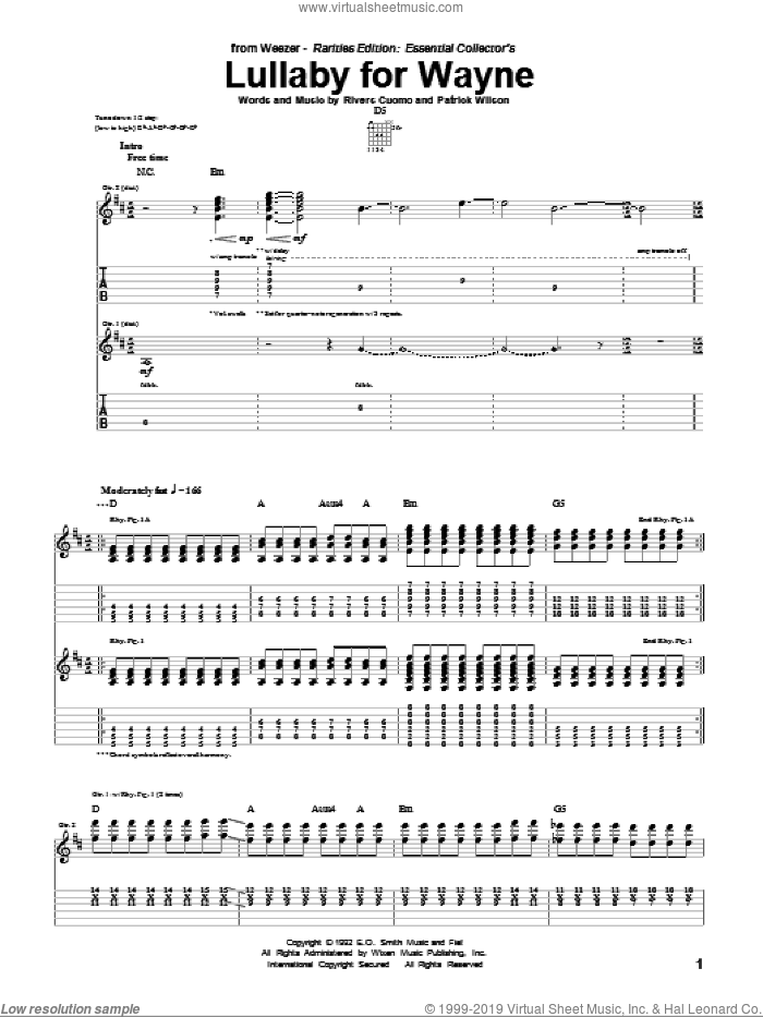 Lullaby For Wayne sheet music for guitar (tablature) by Weezer, Patrick Wilson and Rivers Cuomo, intermediate skill level