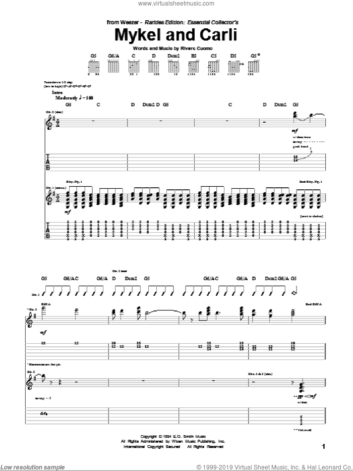 Mykel And Carli sheet music for guitar (tablature) by Weezer and Rivers Cuomo, intermediate skill level