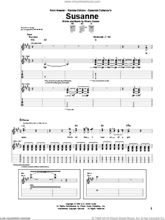 Susanne sheet music for guitar (tablature) by Weezer and Rivers Cuomo, intermediate skill level