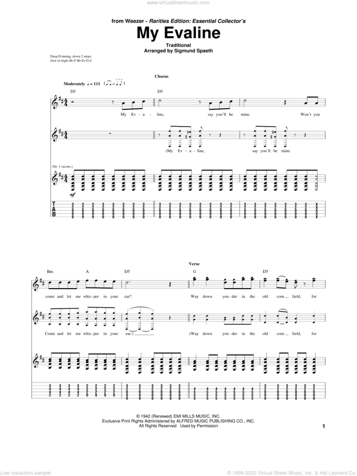 My Evaline sheet music for guitar (tablature) by Weezer, Miscellaneous and Sigmund Spaeth, intermediate skill level