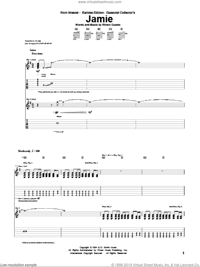 Jamie sheet music for guitar (tablature) by Weezer and Rivers Cuomo, intermediate skill level