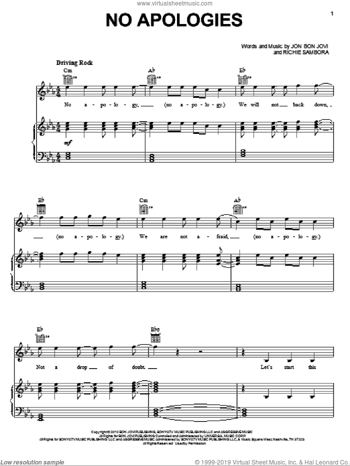 No Apologies sheet music for voice, piano or guitar by Bon Jovi and Richie Sambora, intermediate skill level