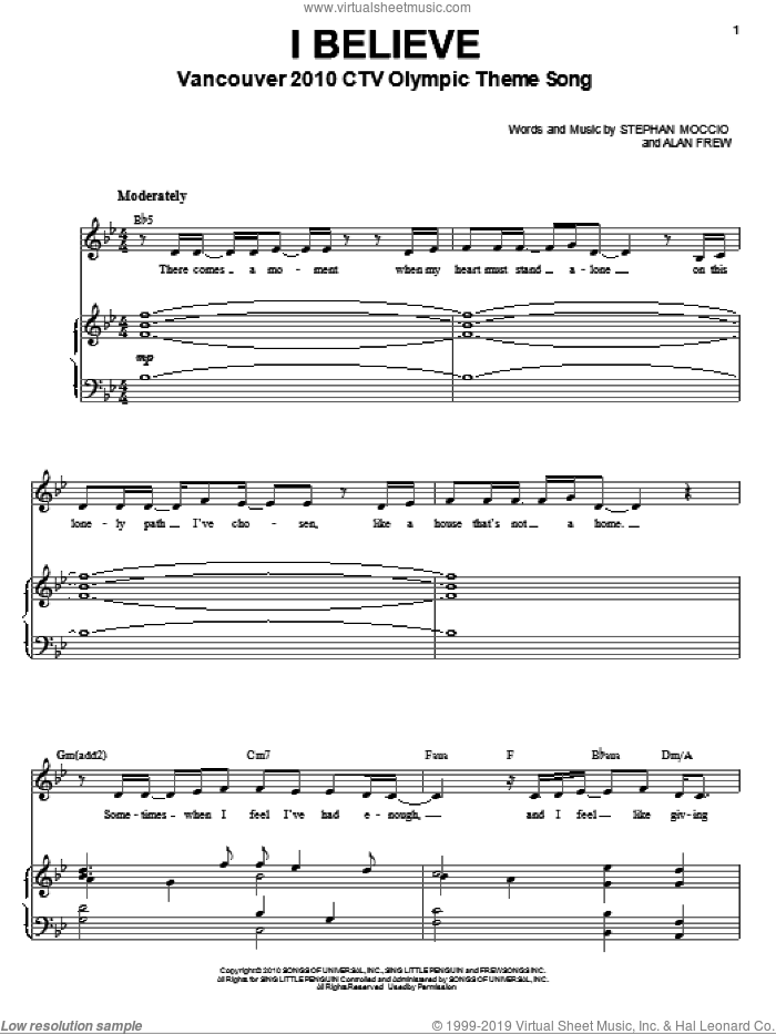 I Believe sheet music for voice and piano by Nikki Yanofsky, Alan Frew and Stephan Moccio, intermediate skill level