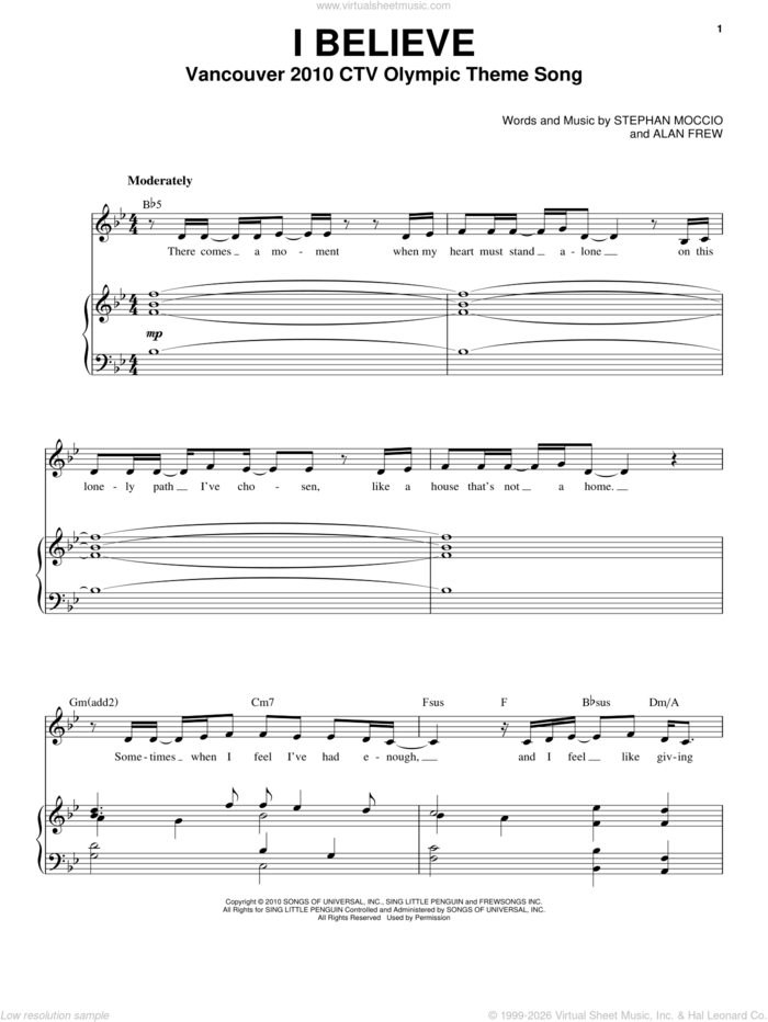 I Believe sheet music for voice and piano by Nikki Yanofsky, Alan Frew and Stephan Moccio, intermediate skill level