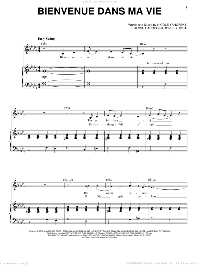 Bienvenue Dans Ma Vie sheet music for voice and piano by Nikki Yanofsky, Jesse Harris, Nicole Yanofsky and Ron Sexsmith, intermediate skill level