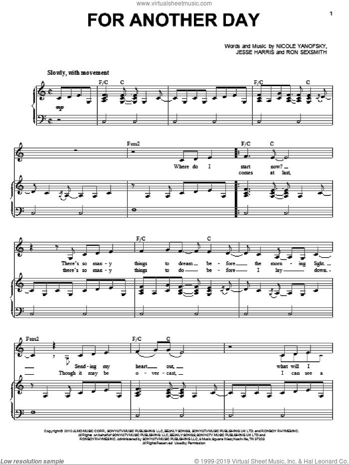 For Another Day sheet music for voice and piano by Nikki Yanofsky, Jesse Harris, Nicole Yanofsky and Ron Sexsmith, intermediate skill level