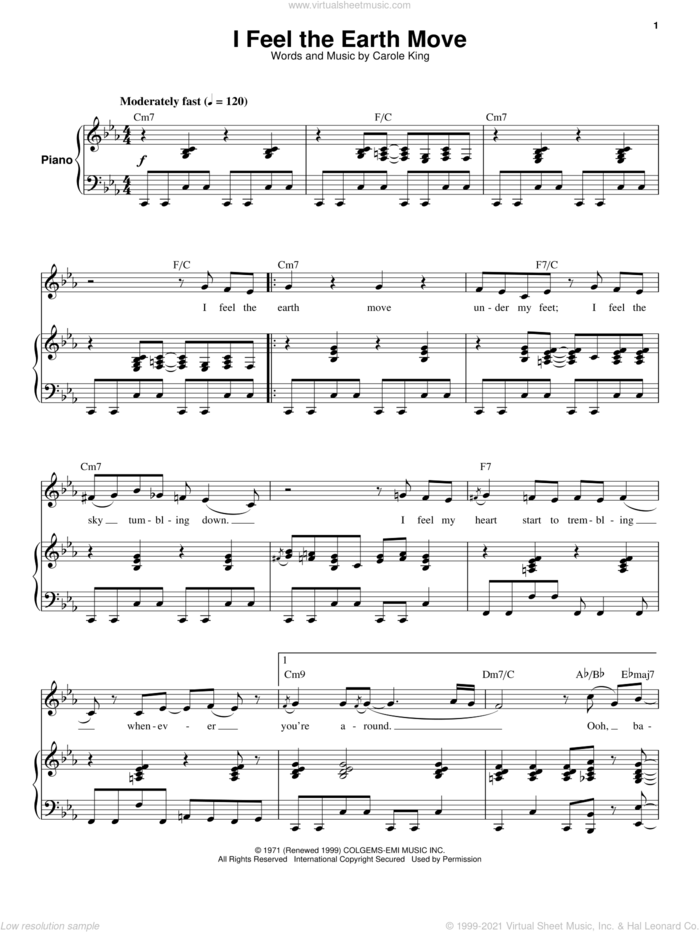 I Feel The Earth Move sheet music for voice and piano by Carole King, intermediate skill level