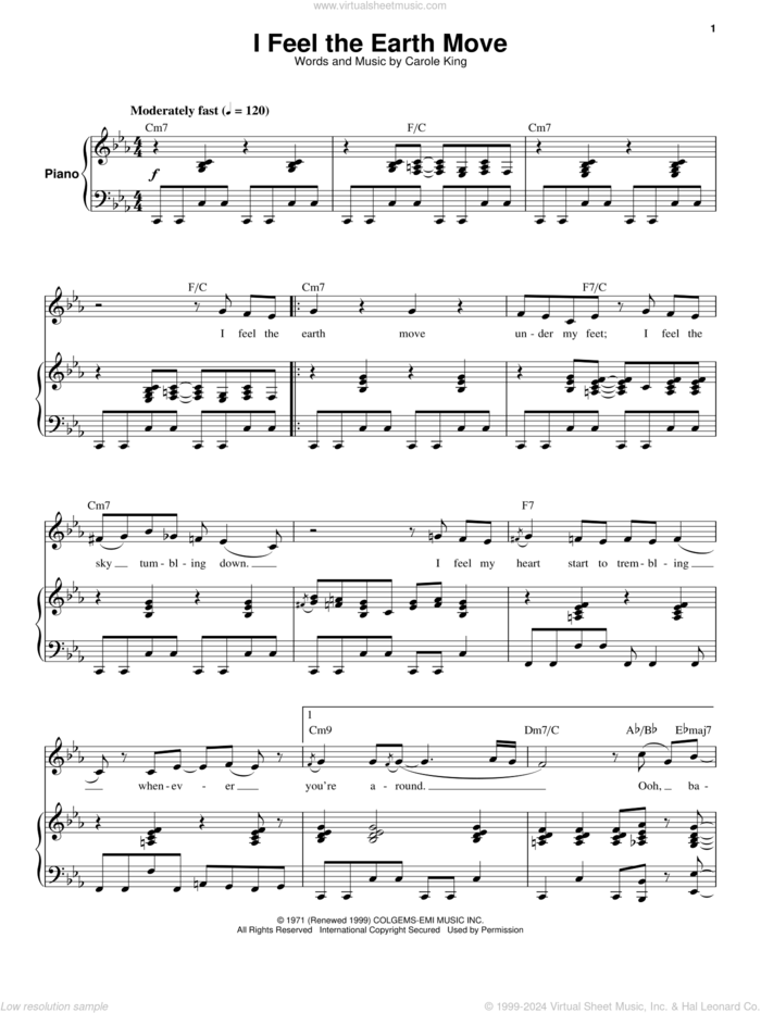 I Feel The Earth Move sheet music for voice and piano by Carole King, intermediate skill level