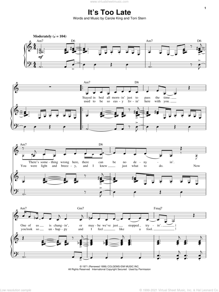 It's Too Late sheet music for voice and piano by Carole King and Toni Stern, intermediate skill level