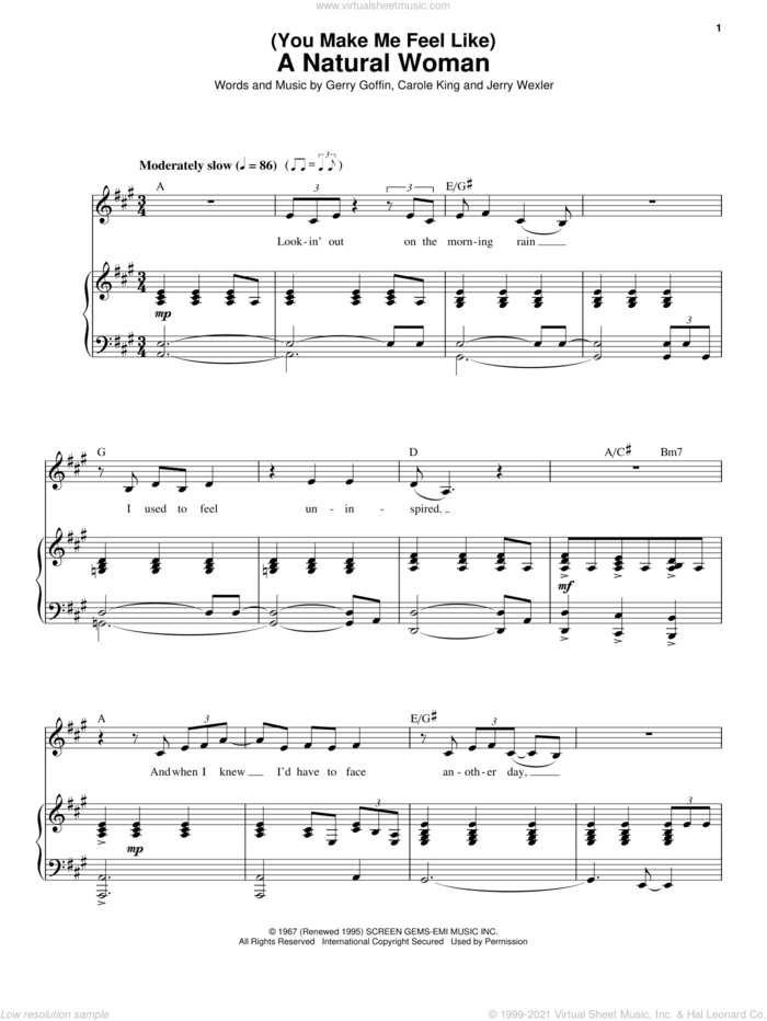 (You Make Me Feel Like) A Natural Woman sheet music for voice and piano by Carole King, Aretha Franklin, Gerry Goffin and Jerry Wexler, intermediate skill level