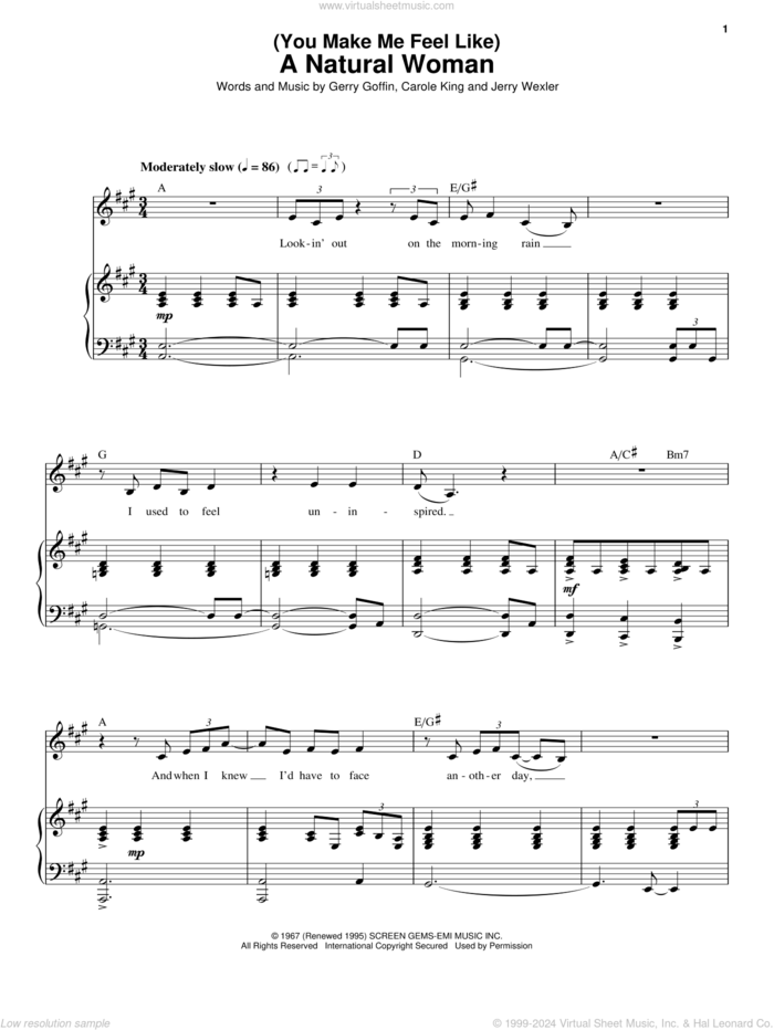 (You Make Me Feel Like) A Natural Woman sheet music for voice and piano by Carole King, Aretha Franklin, Gerry Goffin and Jerry Wexler, intermediate skill level