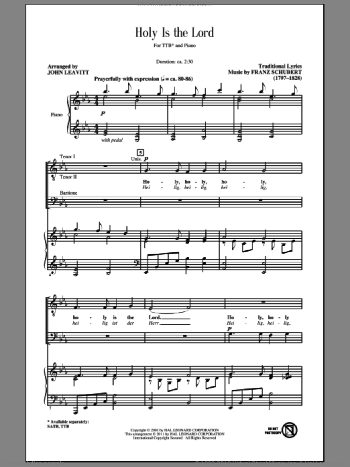 Holy Is The Lord sheet music for choir (TTBB: tenor, bass) by Franz Schubert, John Leavitt and Miscellaneous, intermediate skill level