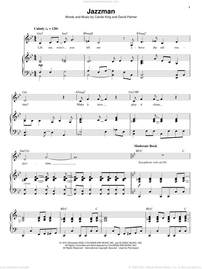 Jazzman sheet music for voice and piano by Carole King and David Palmer, intermediate skill level