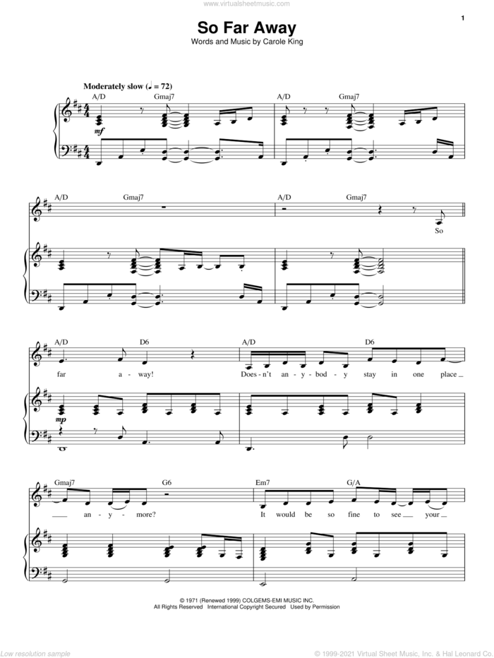 So Far Away sheet music for voice and piano by Carole King, intermediate skill level